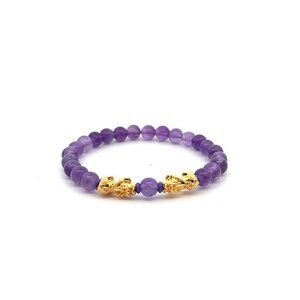 18K Gold Pixiu Double Piyao Bracelet Gemstones Amethyst February Birthstone 6mm